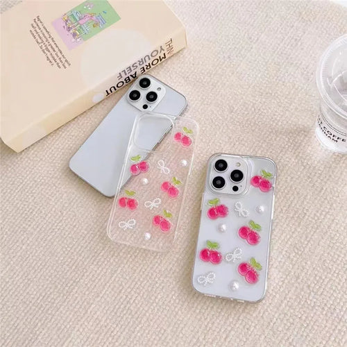 3D Cherry iPhone Case with Butterfly & Pearl Design