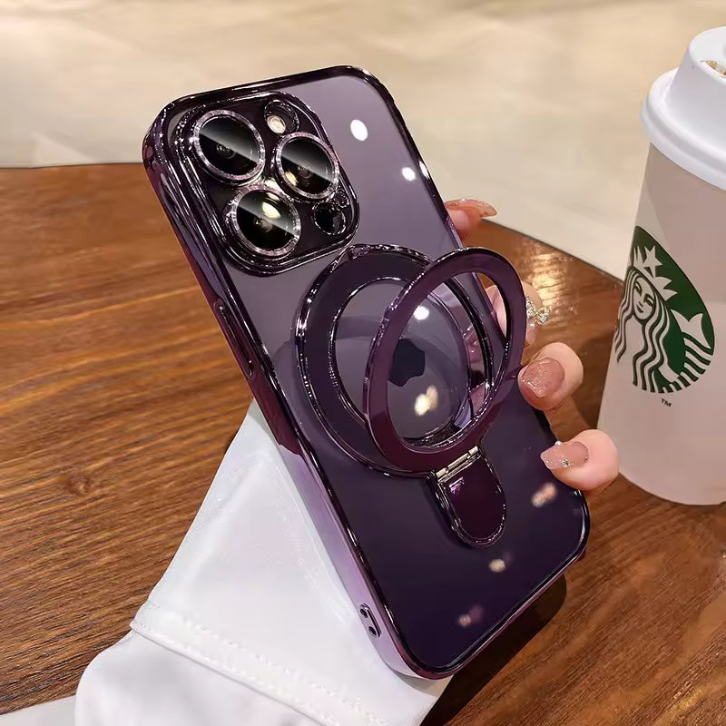 EliteShield LuxGrip Electroplated Frame Clear TPU Case with Metal Ring Holder for iPhone