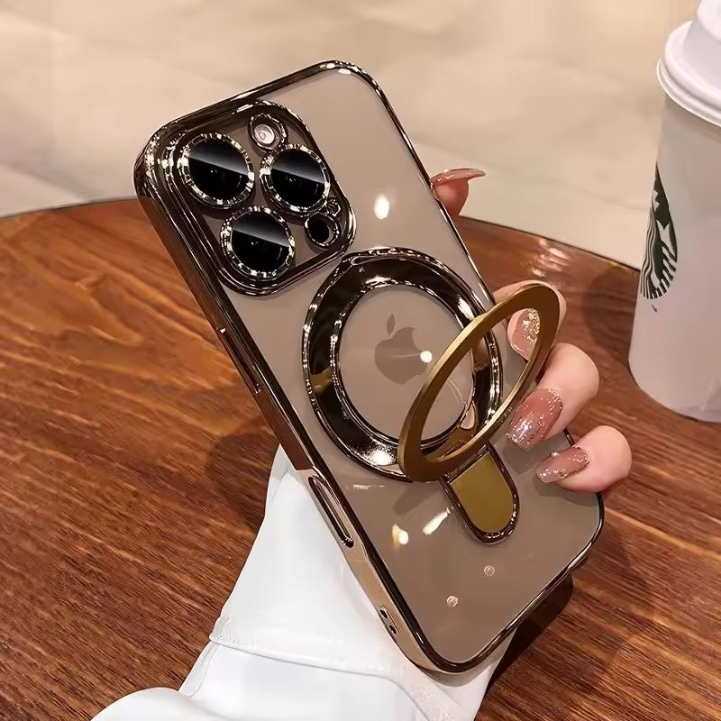 EliteShield LuxGrip Electroplated Frame Clear TPU Case with Metal Ring Holder for iPhone