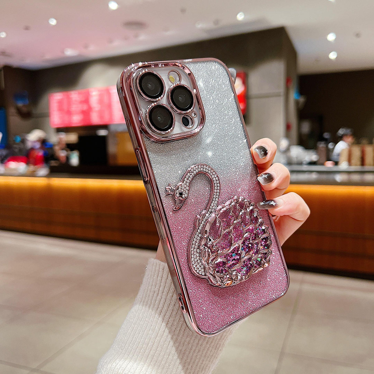 Luxury Plating Bling Glitter Gradient Diamond Swan Quicksand Phone Case for iPhone