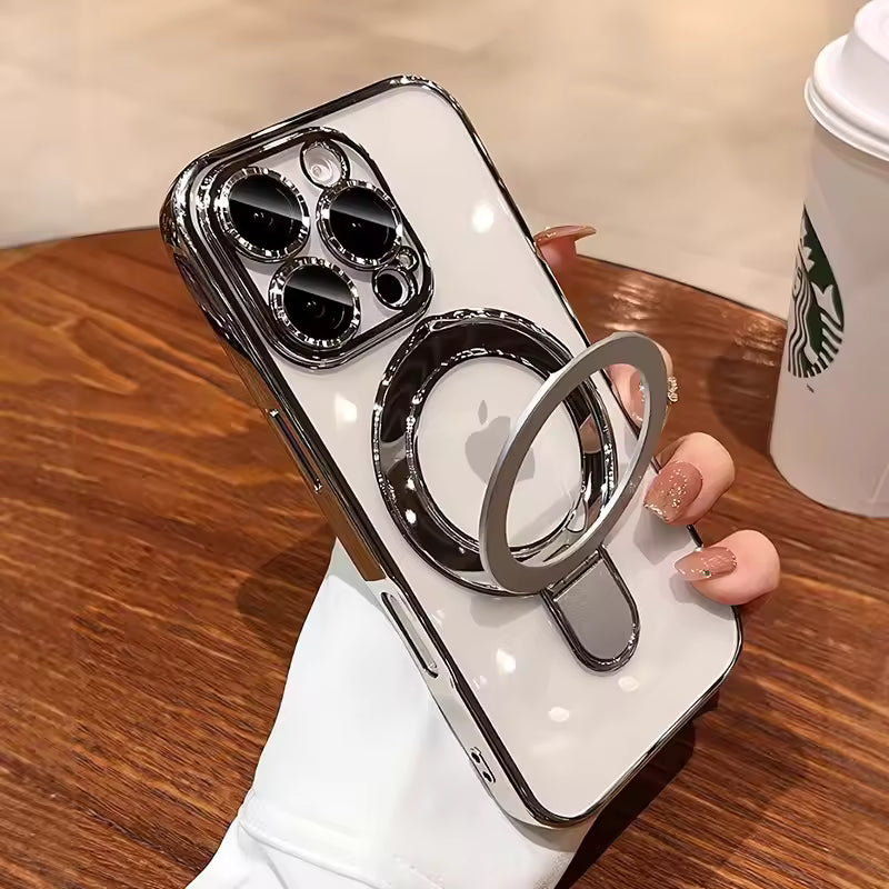 EliteShield LuxGrip Electroplated Frame Clear TPU Case with Metal Ring Holder for iPhone