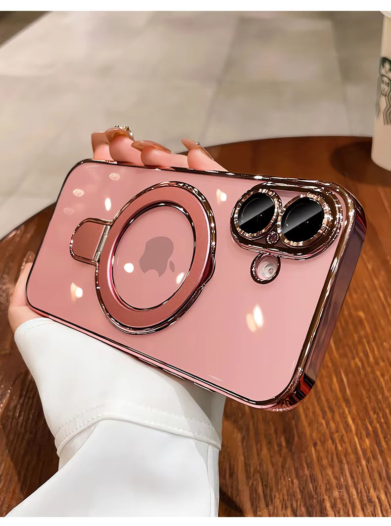 EliteShield LuxGrip Electroplated Frame Clear TPU Case with Metal Ring Holder for iPhone
