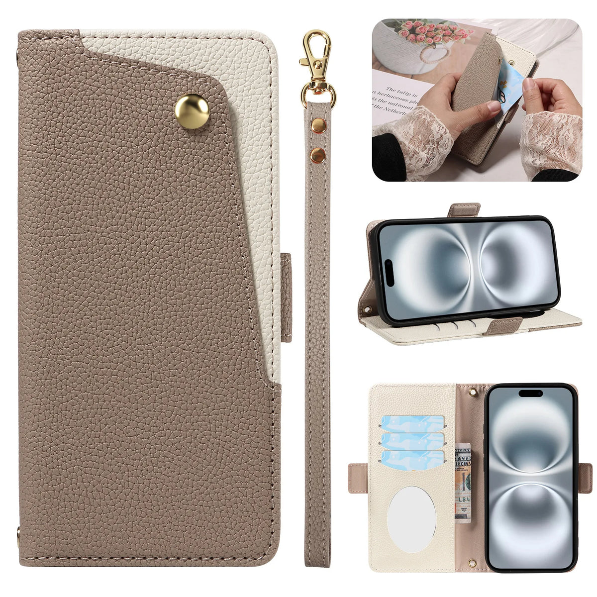 Luxury PU Leather Phone Case with Mirror for  iPhone